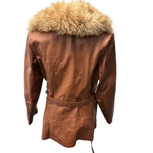 Vintage 1960s Brown Leather Belted Penny Lane Jacket With Faux Fur Collar - Picture 3 of 13